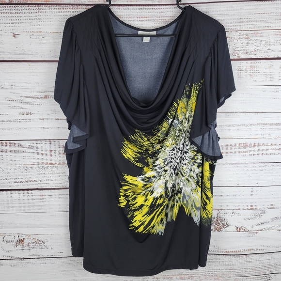 Fashion Bug Tops - Fashion Bug Black White Yellow Abstract Patterns Short Ruffle Sleeve Blouse 3X